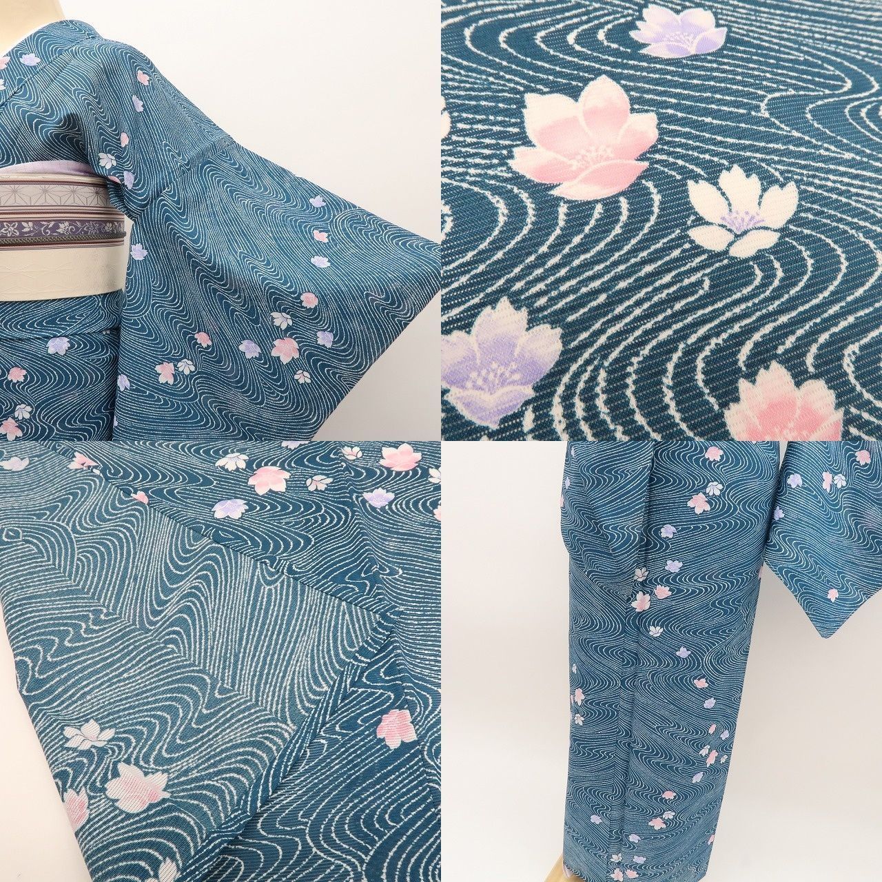 百華❀Y4985◇新品 洗える夏着物 絽 流水に桜 仕付け糸付 手縫い仕立て