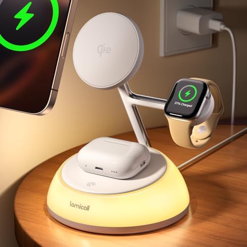 Lamicall 【Qi2認証】 雰囲気LEDライト 3in1 ワイヤレス 充電器 : Magsafe充電器 スマホ 卓上 15W 急速 同時 充電 スタンド マグセーフ ドック マグネット 磁石 5光色 縦 横 置き 携帯 机 すまほ アイ 2c199d4b