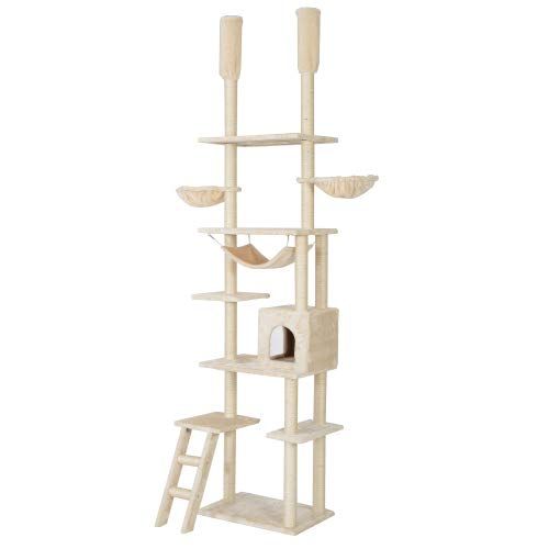 キャットタワー 突っ張り 最高258cm 全面麻紐 キャットタワー 爪研ぎ つっぱり 階段 多頭飼う キャットハウス 猫ベッド 隠れ家 おもちゃ (235~258CM, ベージュ)
