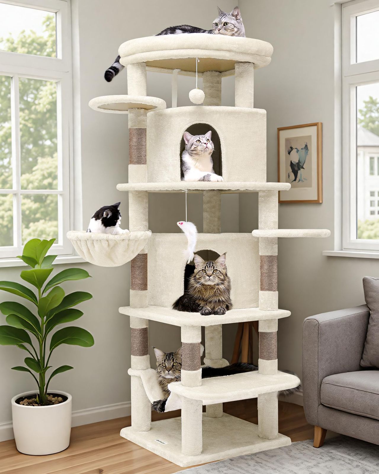 Globlazer キャットタワー 超スリム 猫タワー 大型猫用 多頭飼い キャットハウス 2つ大型トッププラットフォーム ハンモックハンギングバスケット 天然麻の爪とぎポスト ネズミのおもちゃポンポンおもちゃ2つ 固定式 省スペース ミニマリストデザイン 安