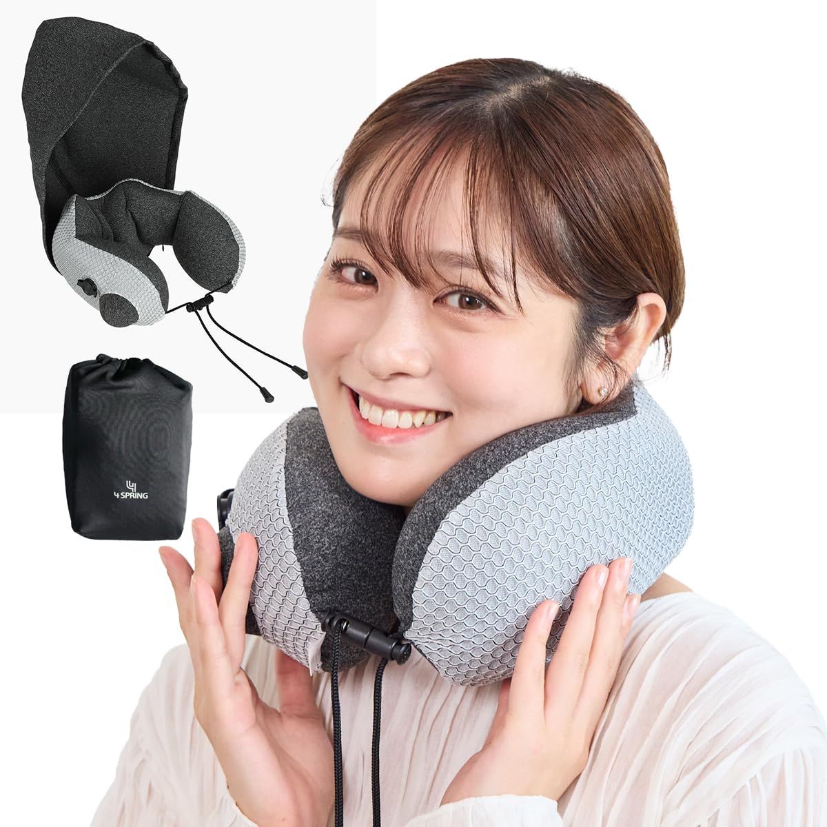 【4 SPRING 公式】 フード付き ネックピロー [腰枕にも利用可能] 特許取得 手でプッシュ エアポンプ式 (遮光性能 フード) 旅行 出張に便利 トラベル 便利グッズ 軽量 コンパクト 【フォースプリング】as a5307287