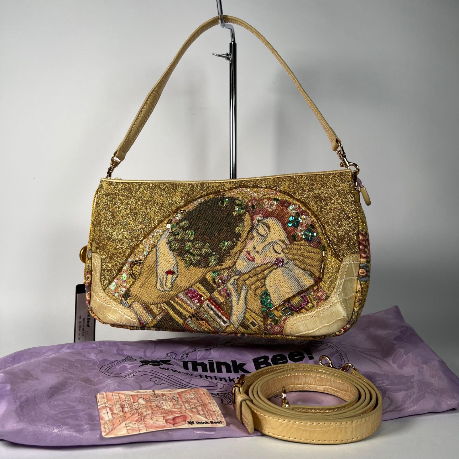 B133 タグ付 新品・未使用 Think Bee! シンクビー クリムト ハンドバッグ ショルダーバッグ 2way アクセサリーポーチ スパンコール 刺繍 シャンパンゴールド 435-2-260501 2-2