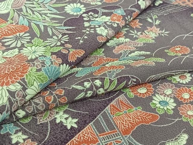 平和屋着物▽小紋　単衣　風景花文　洗える着物　AABH9847jh