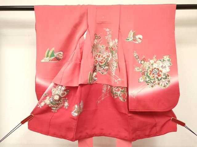 平和屋着物[]七五三　女の子　３歳　祝着　三つ身　鴛鴦花車文　暈し染め　金銀彩　逸品　DABE7033ma