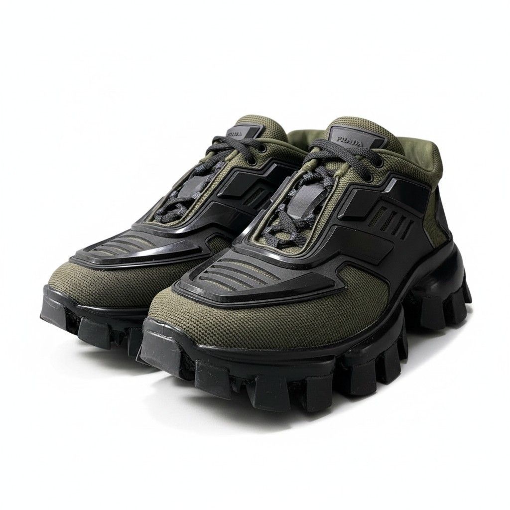 3e21 PRADA プラダ CLOUDBUST THUNDER メッシュスニーカー ボリュームソール イタリア製 メンズ 男性用 37 1/2 カーキ ブラックo07t