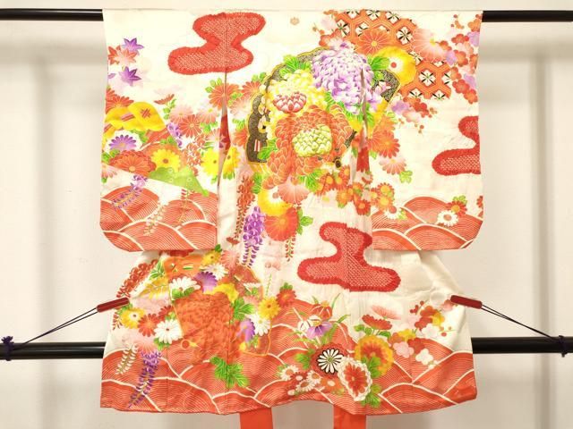 平和屋着物[]七五三　女の子　３歳　祝着　三つ身　駒刺繍　絞り　乱菊　檜扇花文　金彩　逸品　DABE7039ma 14,768円