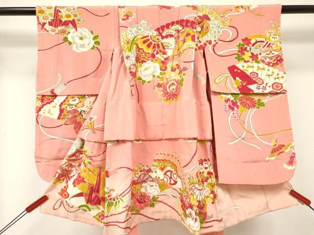 平和屋着物[]アンティーク　大正ロマン　七五三　女の子　３歳　祝着　三つ身　駒刺繍　折り鶴　檜扇鞠花文　金彩　逸品　DABE7041ma