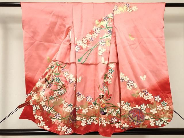 平和屋着物[]七五三　女の子　３歳　祝着　三つ身　鞠花蝶文　暈し染め　金彩　逸品　DABE7042ma