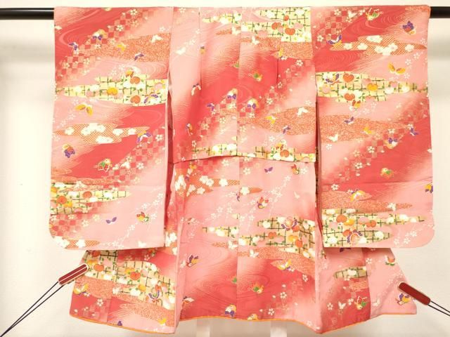 平和屋着物[]七五三　女の子　３歳　祝着　三つ身　霞花蝶文　暈し染め　金彩　DABE7049ma