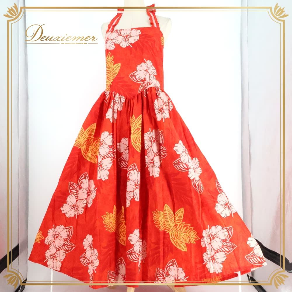 【美品 日本製 フラダンス衣装】レッド Paondor ワンピース ドレス 花柄 フラダンス 衣装 Paondor パンドール ワンピース ドレス レッド系 日本