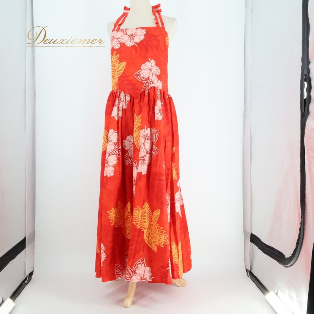 【美品 日本製 フラダンス衣装】レッド Paondor ワンピース ドレス 花柄 フラダンス 衣装 Paondor パンドール ワンピース ドレス レッド系 日本