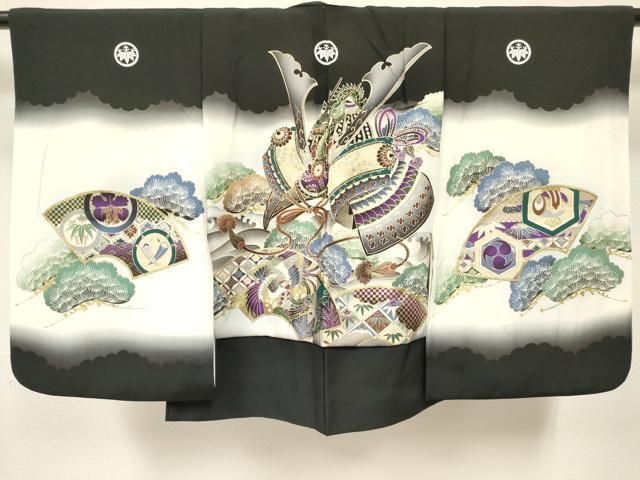 平和屋着物[]男の子　子供　羽織　龍　兜　地紙重ね飛鶴松文　暈し染め　金銀彩　逸品　DABE7054ma