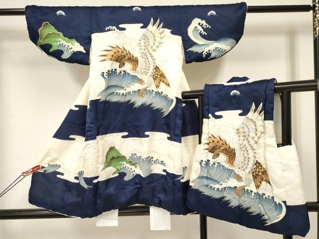 平和屋着物[]七五三　男の子　祝着・被布セット　鷹　鷲　立波文　金彩　逸品　DABE7063ma