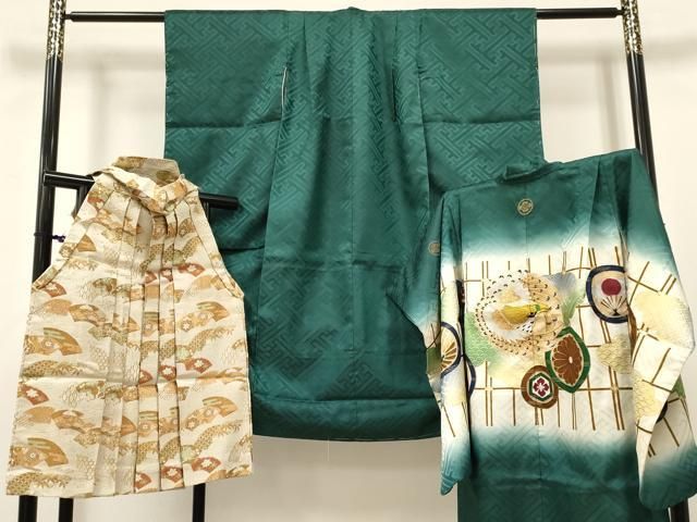 平和屋着物[]七五三　男の子　祝着・羽織・行灯袴セット　駒刺繍　鷹　鷲　菊桐花丸文　暈し染め　金彩　DABE7064ma
