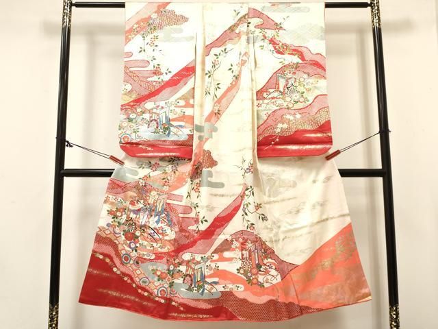 平和屋着物[]七五三　女の子　７歳　祝着　四つ身　御所車飛鶴花文　金銀彩　逸品　DABE7067ma