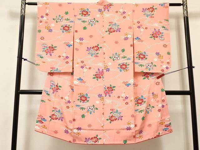 平和屋着物[]七五三　女の子　７歳　祝着　四つ身　型染　椿花文　逸品　DABE7069ma