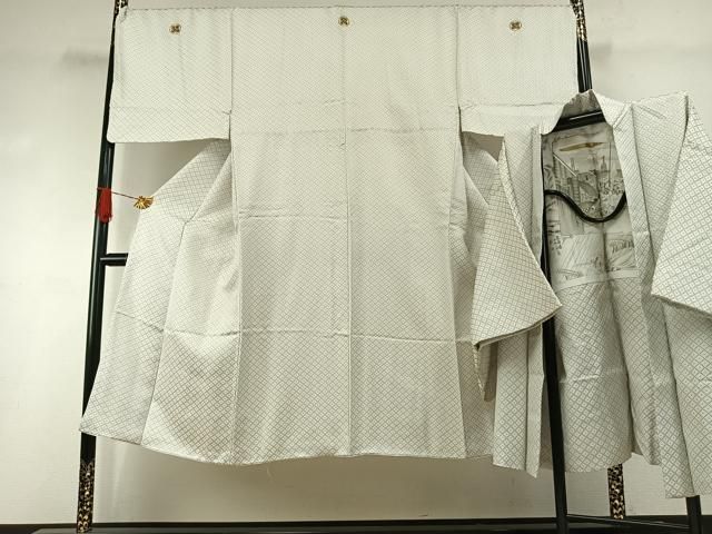 平和屋着物●男性　白紋付・羽織セット　菱文　正絹　逸品　AABI1500fy