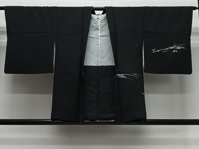 平和屋着物＃羽織　寿光織　幾何学文様　黒地　銀糸　正絹　逸品　CABE5165ua