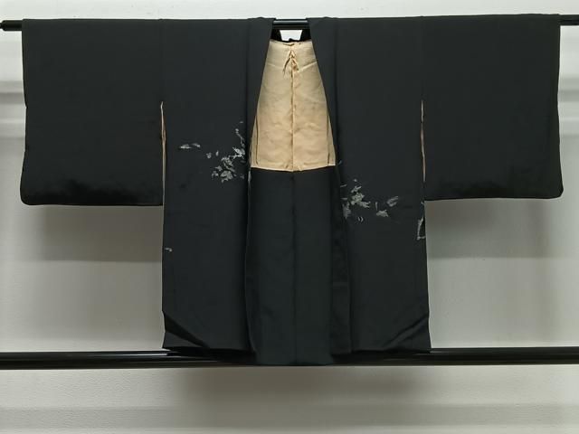 平和屋着物＃羽織　寿光織　枝花文　黒地　金糸　正絹　逸品　CABE5174ua