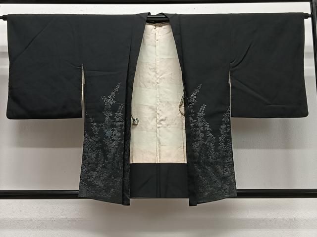 平和屋着物＃羽織　寿光織　花尽くし　黒地　銀糸　正絹　逸品　CABE5175ua