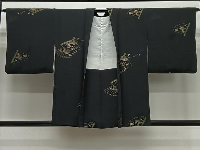 平和屋着物＃羽織　寿光織　檜扇花文　黒地　銀糸　正絹　逸品　CABE5181ua