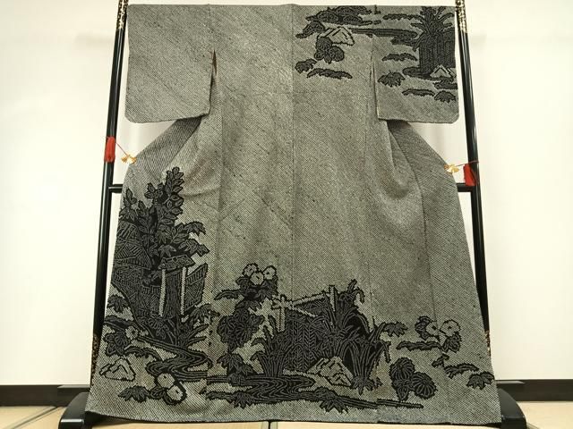 平和屋着物●訪問着　総絞り　風景花文　黒地　正絹　逸品　未使用　AABI1515fy