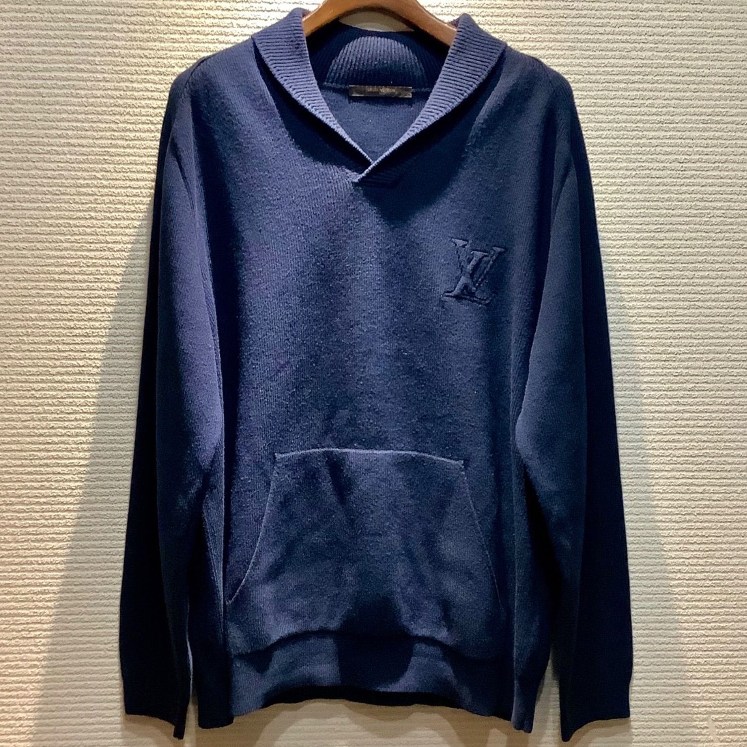 ルイヴィトン LOUISVUITTON LV刺繍 ショールカラー 長袖 ニット セーター ネイビー 紺 [XL]