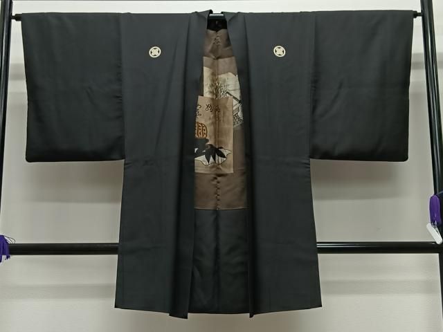 平和屋着物＃男性　長羽織　黒紋付　黒地　正絹　逸品　CABE5187ua
