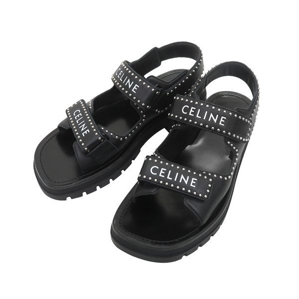 【ほぼ未使用 メンズ42】CELINE セリーヌ《Bulky バルキー》ストラップ レザー サンダル 28cm 黒 スタッズ ロゴ 47788