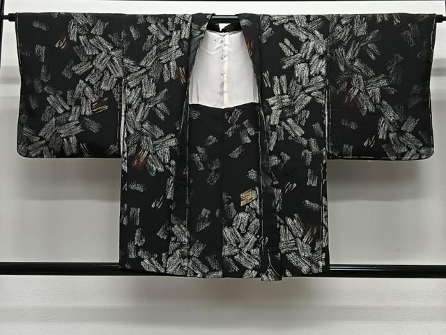 平和屋着物＃羽織　寿光織　幾何学文様　黒地　銀糸　正絹　逸品　未使用　CABE5192ua