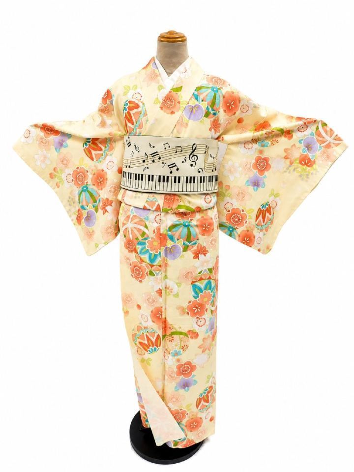 洗える着物 袷 お仕立て上がり プレタ着物 レディース 普段着 コーディネート レトロ モダン Kimono フリーサイズ ポリエステル カジュアル おしゃれ かわいい お洒落着 女性用 クリーム地 手毬 梅 橘柄 No.31
