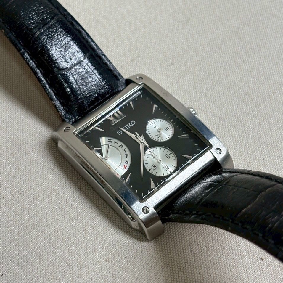 SEIKO】 セイコー スクエア 腕時計 メンズ レザー ブラック