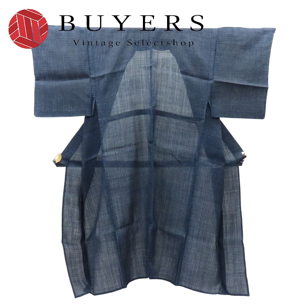 【中古】 男着物 単衣 麻 ネイビー 夏兼用 和装 呉服 和服 きもの メンズ 男性