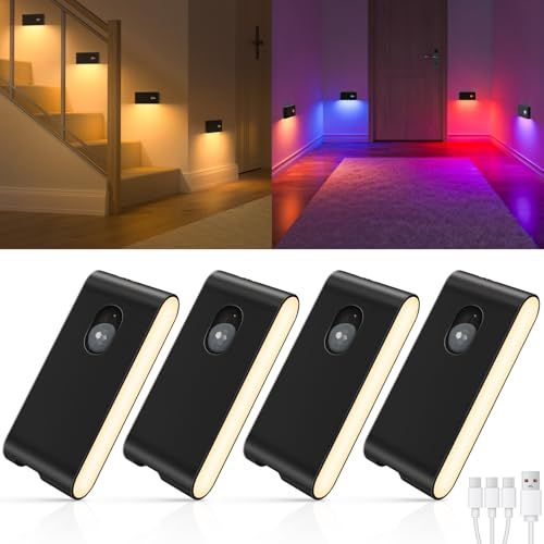 WILLED 人感センサーライト 室内 充電式 自動点灯/消灯,じんかんせんさー ライト 室内 充電式 RGB＋電球色，足元ライト 人感センサー ナイト 4個セット ワイヤレス 階段 廊下 玄関 キッチン クローゼット ベッドルーム 国内発送 03ca7649