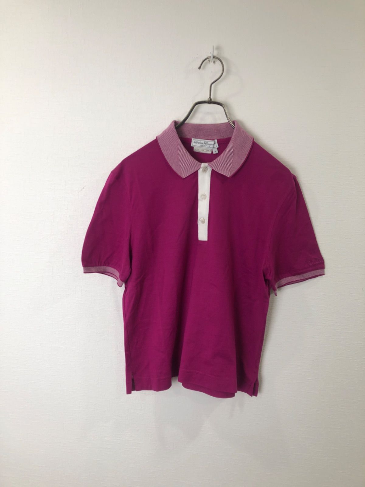 S00142｜SalvatoreFerragamo｜サルヴァトーレフェラガモ｜ポロシャツ｜ピンク｜無地｜コットン｜半袖｜ハイブランド｜ラグジュアリー｜Y2K｜90S｜古着｜USA古着｜ヴィンテージ｜アメカジ｜フォロー割｜メンズS｜ブランド古着｜ミニマル｜上品