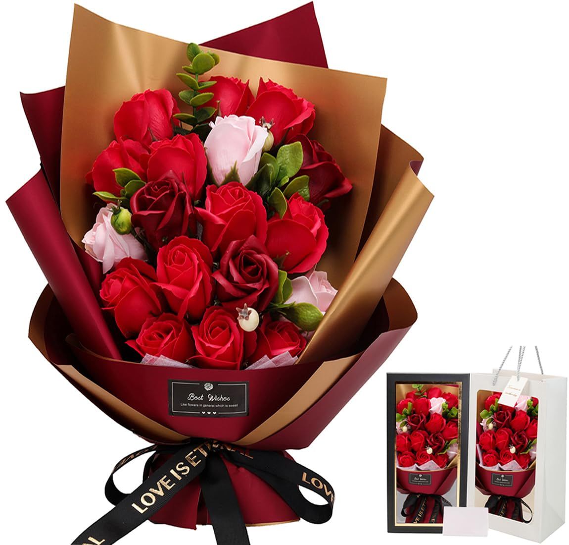 ソープフラワー花束 母の日プレゼント，誕生日プレゼント ソープフラワー バラ グラデーション ローズブーケ 薔薇造花 プレゼント女性人気ギフト 結婚記念日 父の日 敬老の日 彼女 感謝 お礼 インテリア バラ花束赤送料無料 d5d8461e