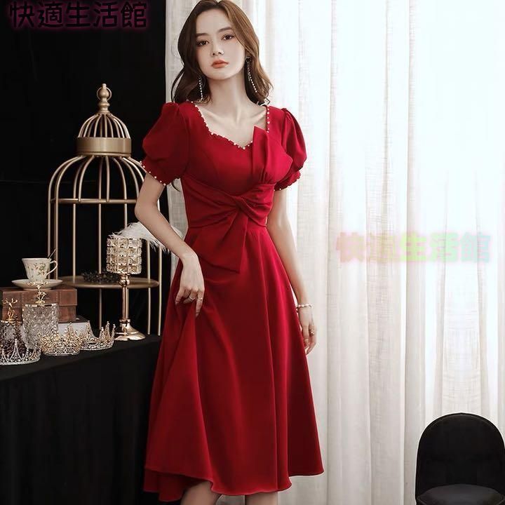 新品 未使用 レディース ファッション系 ワンピース ロング パーティードレス ロング リボン 赤 結婚式 お呼ばれ