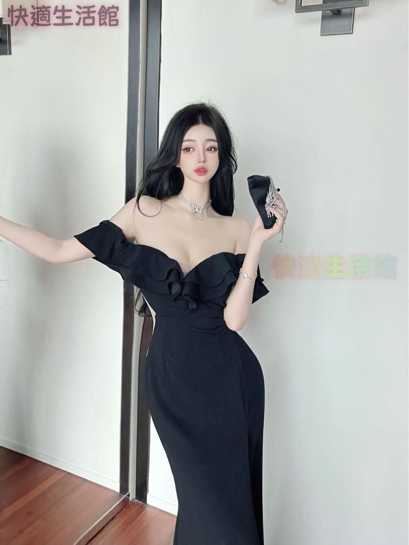 新品 未使用 レディース ファッション系 韓国 服 レディース ワンピース 黒 ロングスカート キャバドレス 黒 スリット