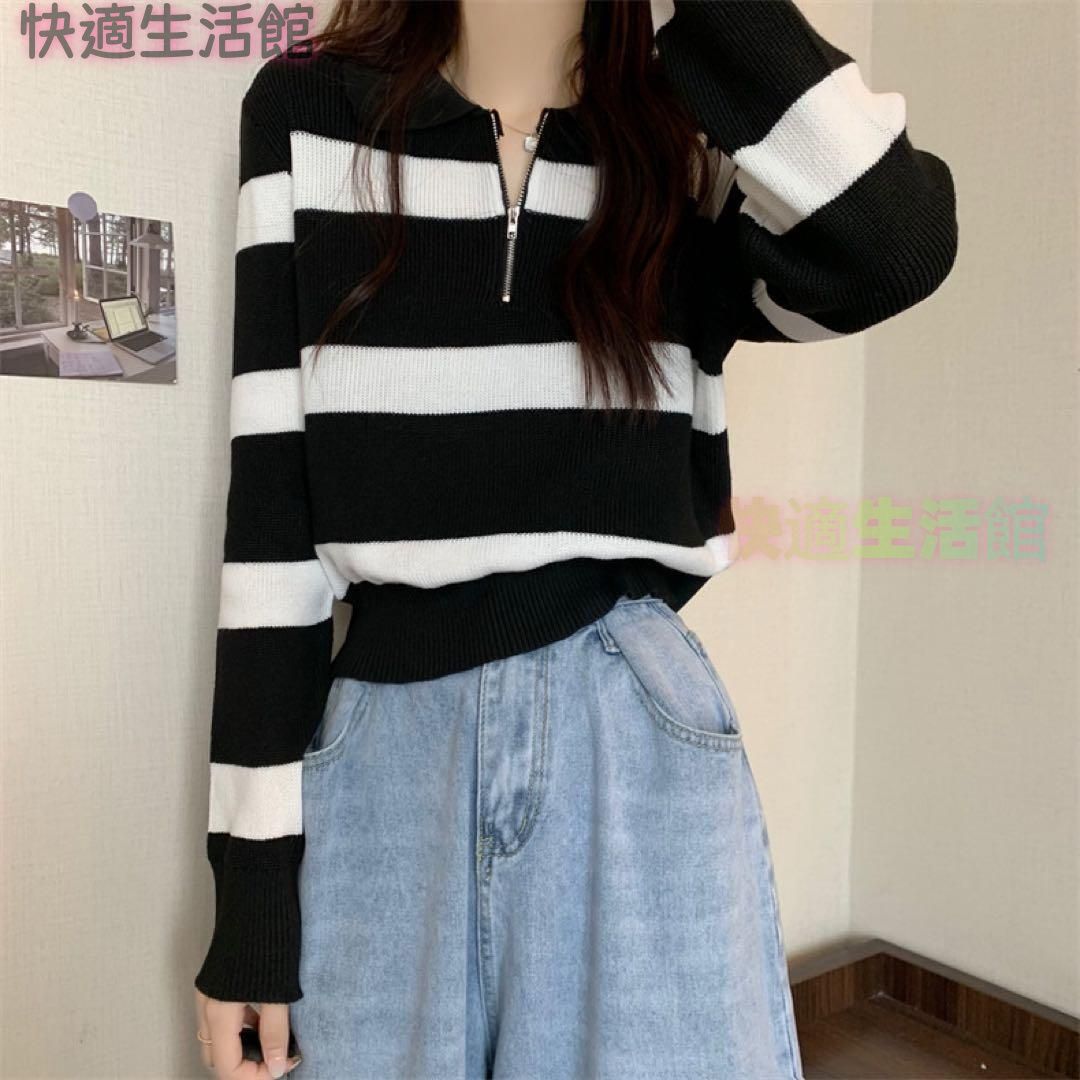 新品 未使用 レディース ファッション系 韓国 服 レディース トップス 黒 ニットポロシャツ ハーフジップ ボーダー 黒