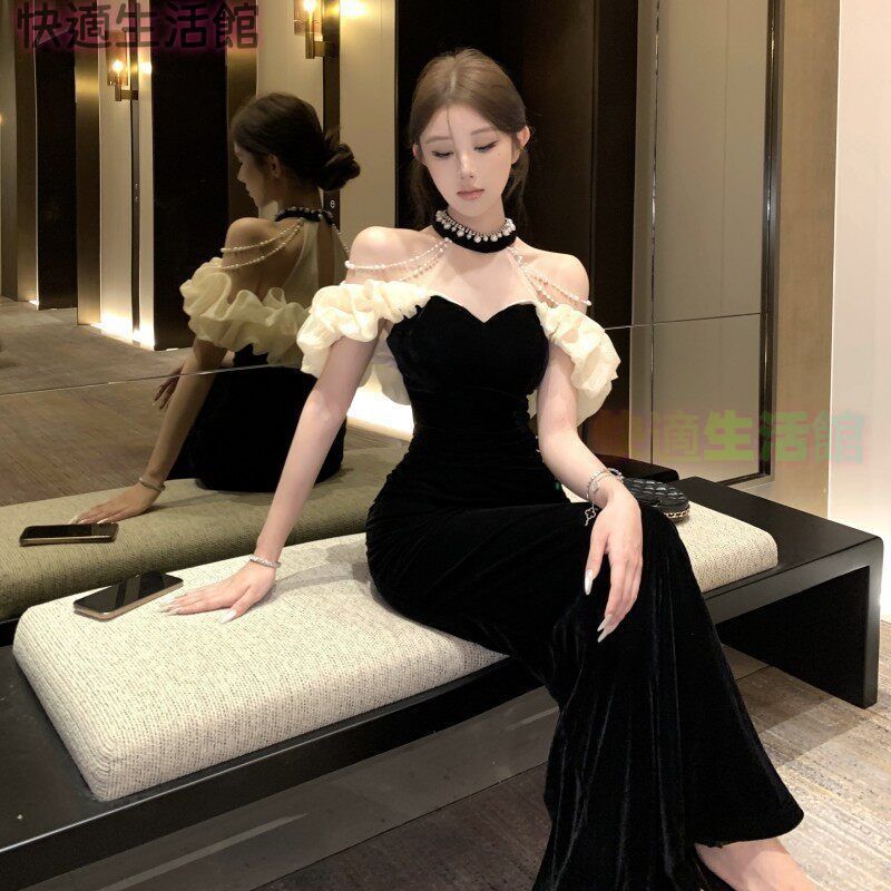 新品 未使用 レディース パーティードレス 結婚式 ロングドレス ブラック サテン オフショルダー ハイネック スリーブレス セクシー ドレープ フィットドレス パール装飾 名門パーティー用 大人女性 礼服 成人式 フォーマルドレス 上品 エレガント