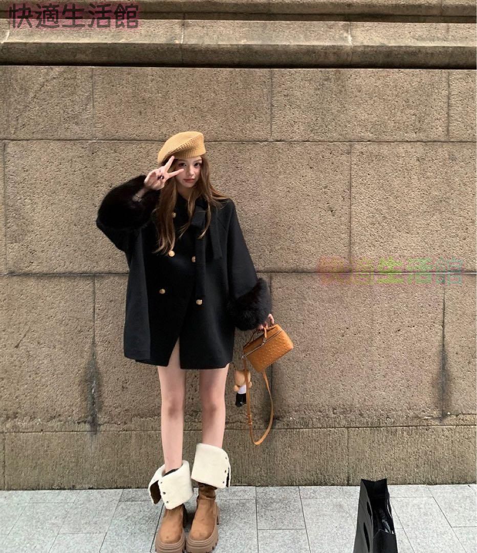 新品 未使用 レディース ファッション系 韓国 服 レディース コート 黒 ショート丈 アウター ファー トレンチコート