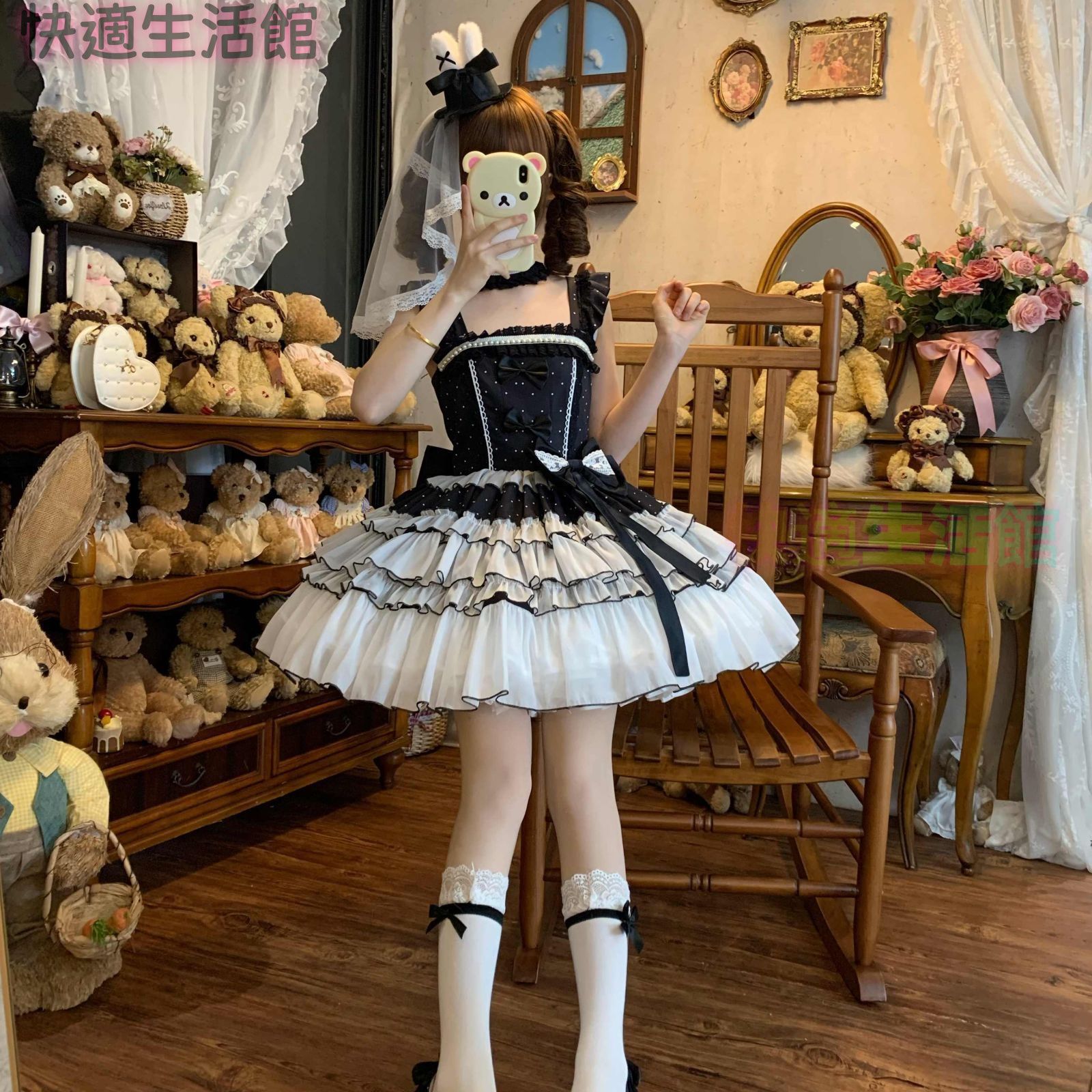 新品 未使用 レディース ロリータ JSK ドット柄 ロリータ JSK ワンピース ふんわりスカート ウエストシェイプ 膝上丈 可愛い 甜美 撮影 日常 パーティー 誕生日 舞会 プレゼント 三色展開 ホワイト ピンク ブラック 少女感 可Lolita