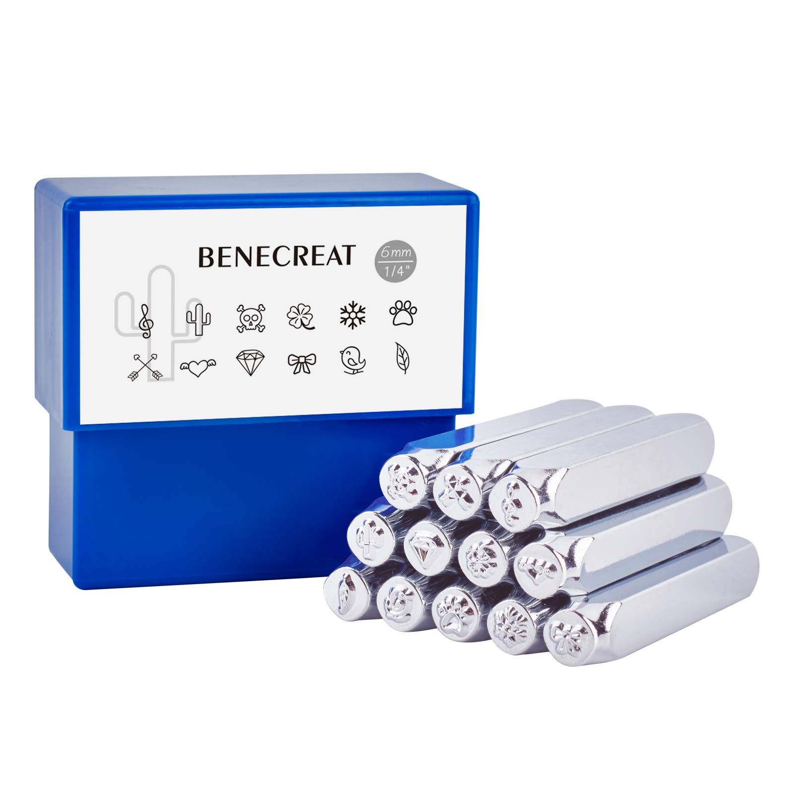 BENECREAT 12本図案刻印セット ポンチ 6mm刻印 電気メッキ ミックス図案 可愛い図案 アックセサリデザイン 手芸ペンダントなどへ レザークラフト 軟質金属への刻印 手作りツール 手工芸用(沖縄・離島の方発送不可）) 73446c82