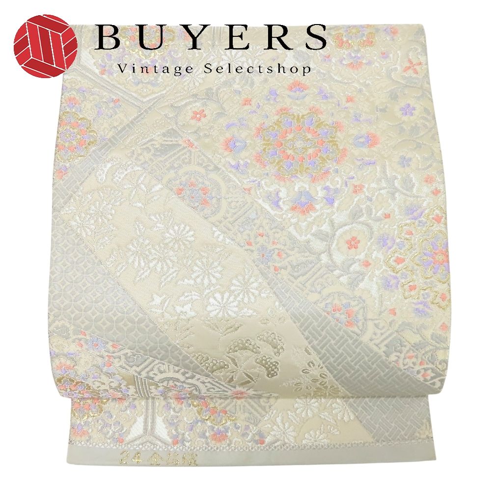 【中古】 袋帯 正絹(金銀糸除く) シルバー系 パステルカラー 24金箔織 華やか 和装 呉服 和服 きもの レディース 女性