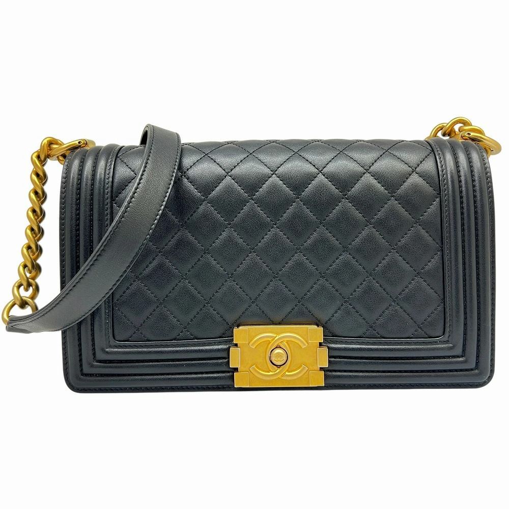 CHANEL シャネル　ボーイシャネル　ラムスキン　ゴールド金具　25291624 ブラック　黒　ダブルチェーン ココマーク　レディース　メンズ　男性用　女性用　ユニセックス　肩掛け　ショルダーバッグ　チェーンバッグ 【ブランドギャラリー東心斎橋店】