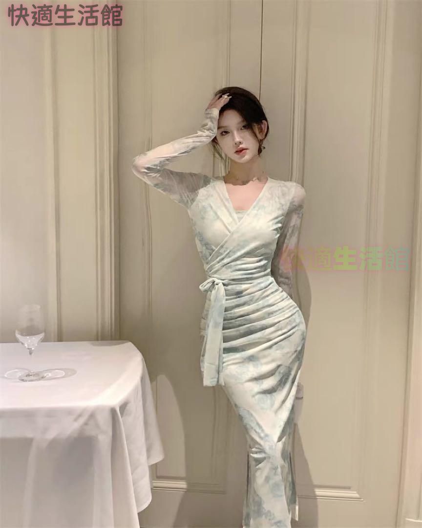 新品 未使用 レディース ファッション系 韓国 服 レディース ワンピース 緑 ロングドレス シアー パーティードレス 緑