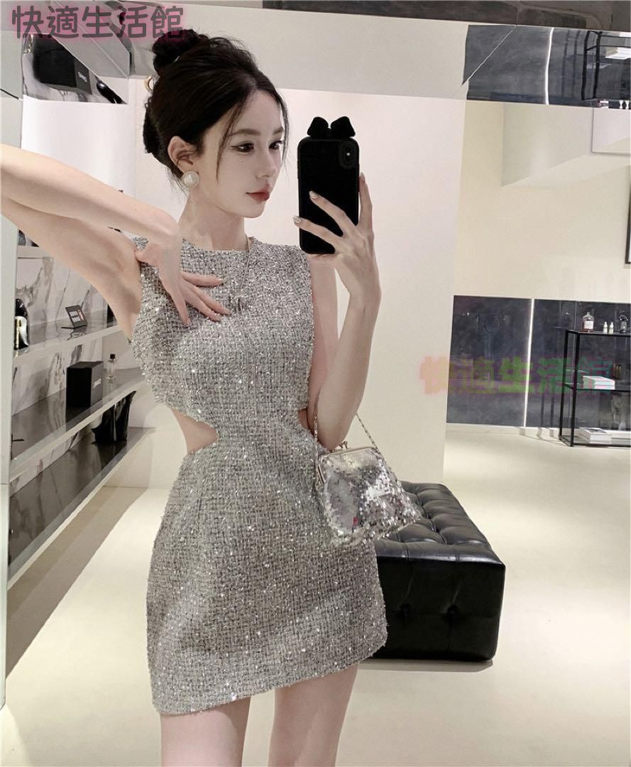 新品 未使用 レディース ファッション系 韓国 服 レディース ワンピース ノースリーブ キャバドレス シルバー 細見え