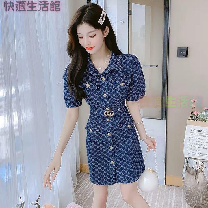 新品 未使用 レディース ファッション系 ワンピース 膝丈 青 韓国 服 レディース ワンピース チェック 半袖 ドレス