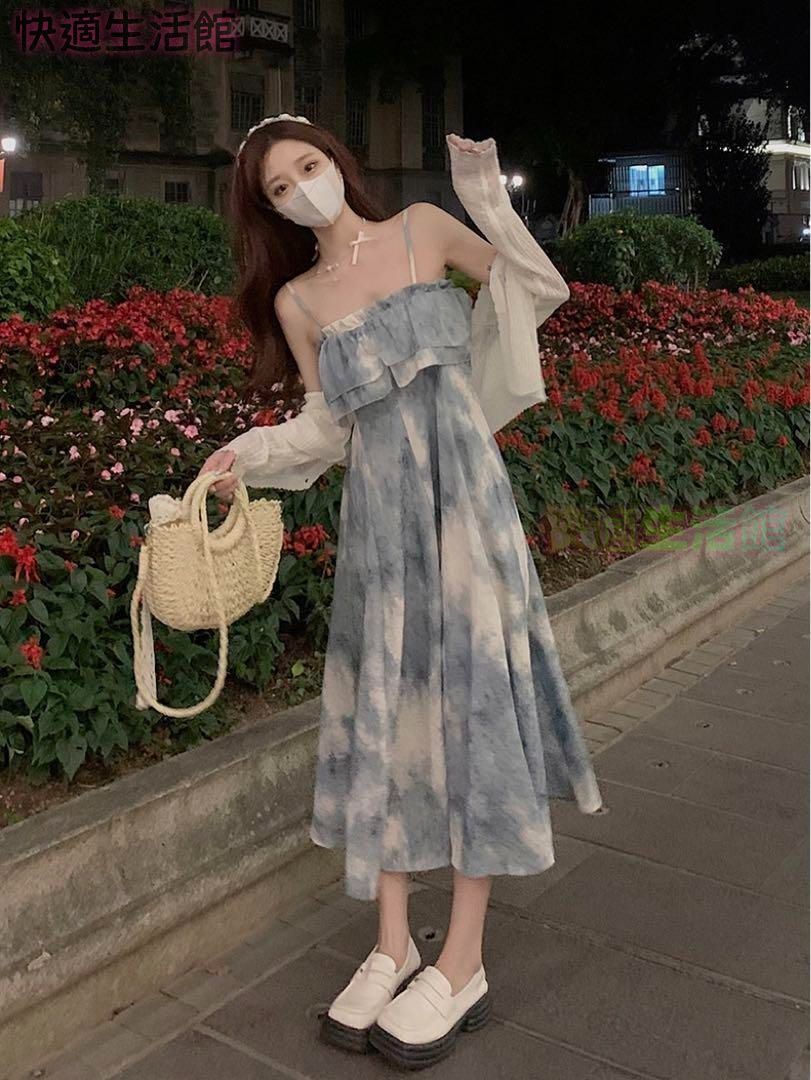 新品 未使用 レディース ファッション系 韓国 服 レディース ワンピース ロング スカート 青 タイダイ 春 ワンピース