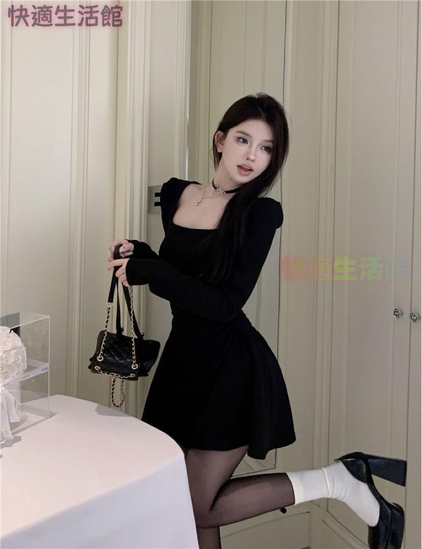 新品 未使用 レディース ファッション系 韓国 服 レディース ワンピース 黒 ミニドレス 長袖 ゲストドレス 黒 無地